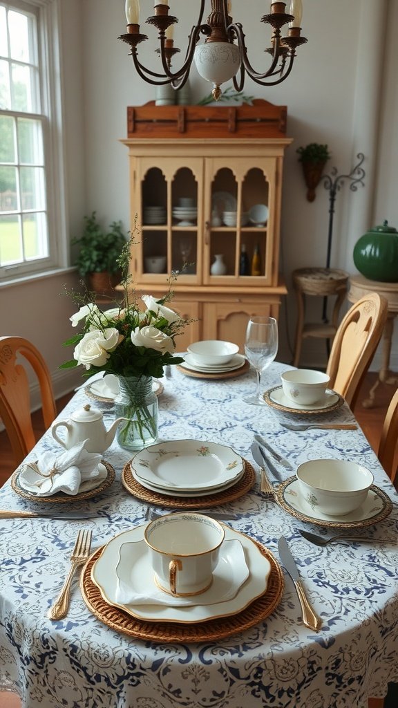 A vintage-inspired dining table set with elegant tableware, including china plates, woven placemats, and a floral centerpiece.
