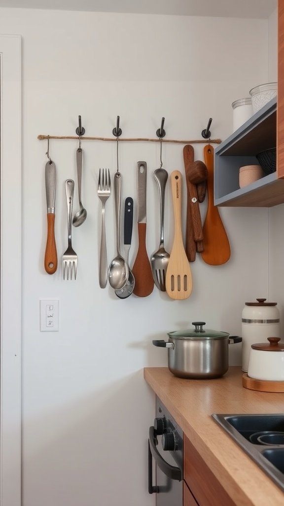 A wall-mounted utensil holder featuring various kitchen tools hung neatly on a cord