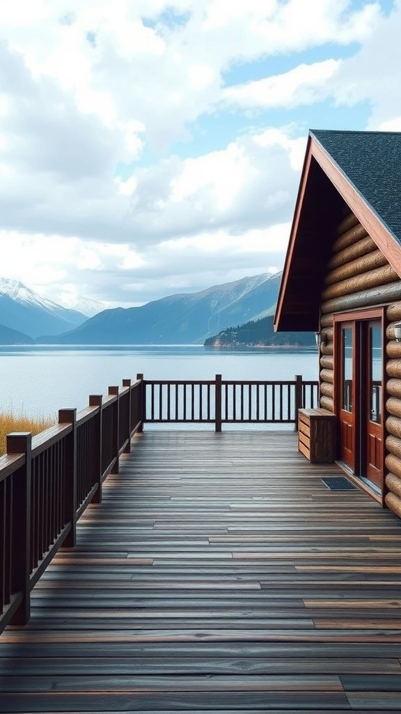 A wooden lakeside chalet with a deck overlooking a calm lake and mountains in the background.