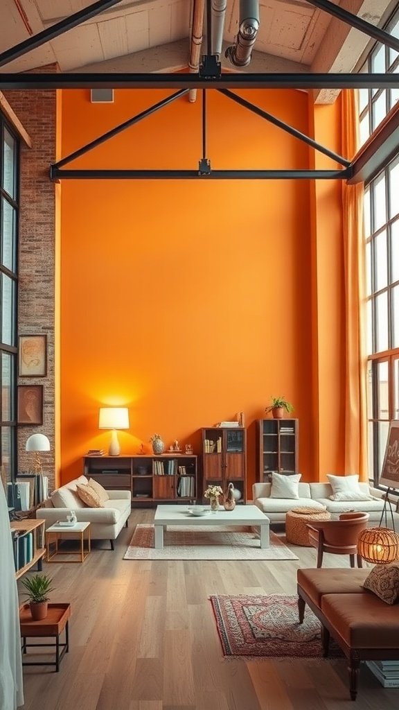A modern loft interior featuring a warm orange wall, beige sofas, wooden furniture, and large windows.