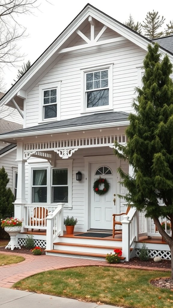 Warm and inviting Craftsman style home with a white exterior, porch, and decorative details.