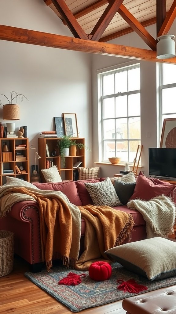 Cozy loft living room with a red sofa adorned with warm-colored textiles and decorative pillows.