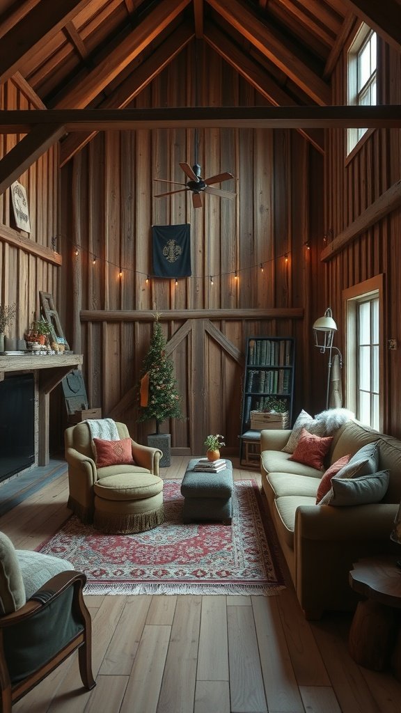Cozy living room in a modern barn house featuring warm wooden walls, comfortable furniture, and soft lighting.