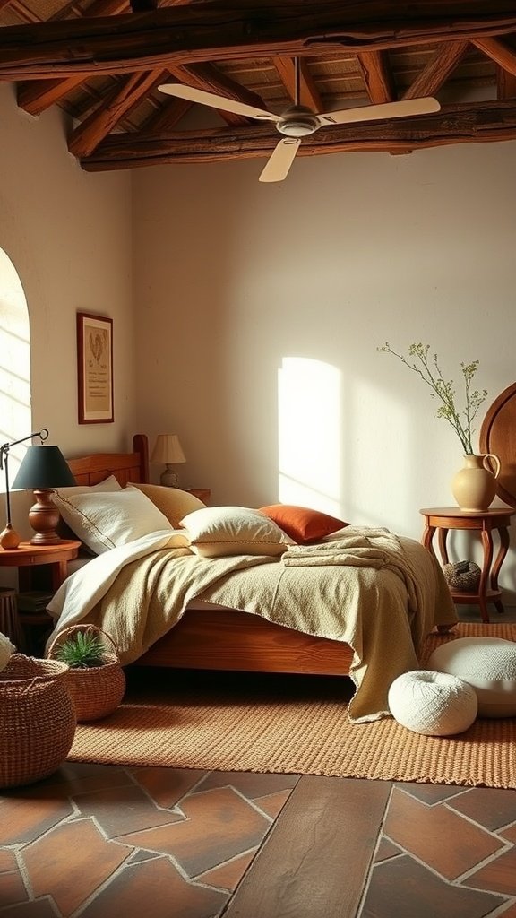 Cozy bedroom with warm earth tones and textured fabrics
