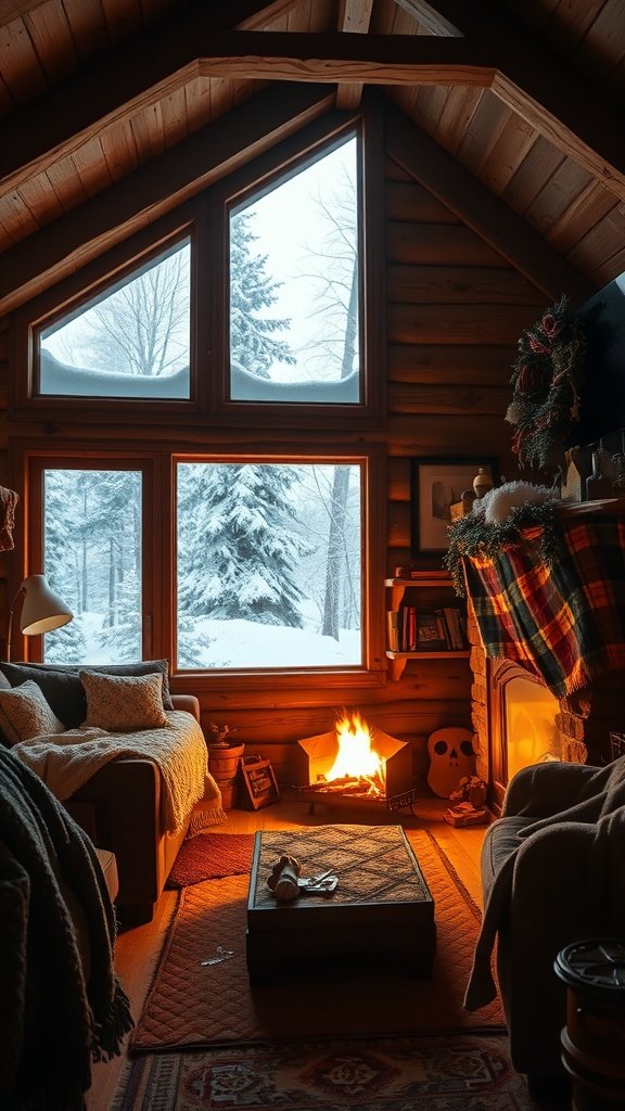 A cozy winter cabin interior with a fireplace, large windows showing snow outside, and comfortable furniture.