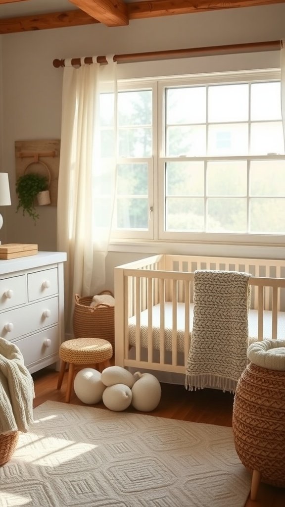 A cozy farmhouse nursery featuring a crib with soft blankets, warm sunlight filtering through sheer curtains, and natural decor elements.