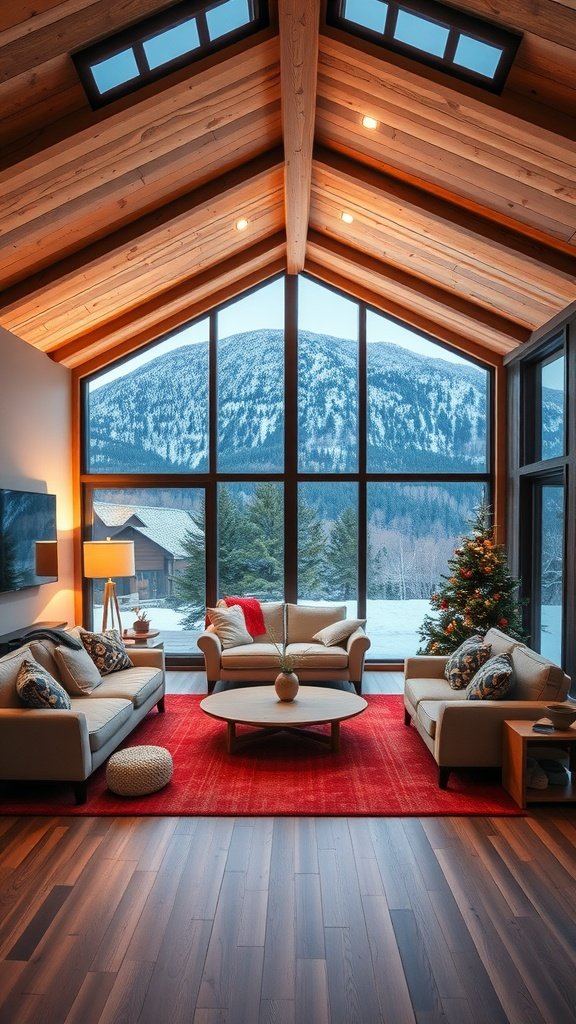 Cozy living room with warm lighting, large windows showcasing snowy mountains, and festive decor.