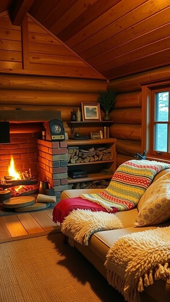 Cozy cabin interior with a sofa, colorful blankets, and a glowing fireplace