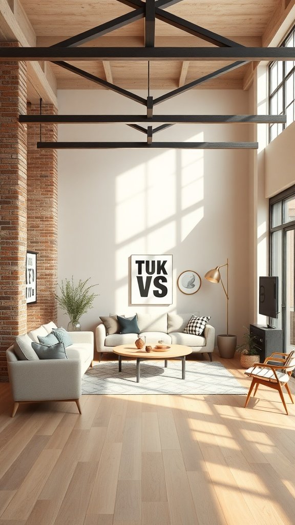 Cozy modern loft living room with warm neutral colors, featuring a light wood floor, exposed brick walls, and large windows.