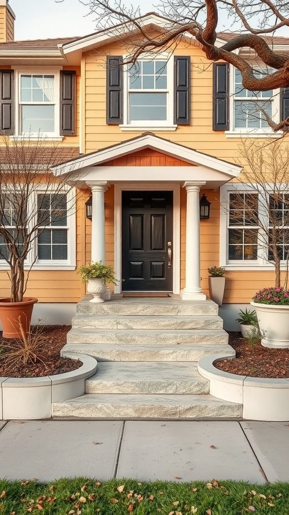 A beautiful home exterior featuring warm neutral colors with a black front door, white columns, and landscaped steps.