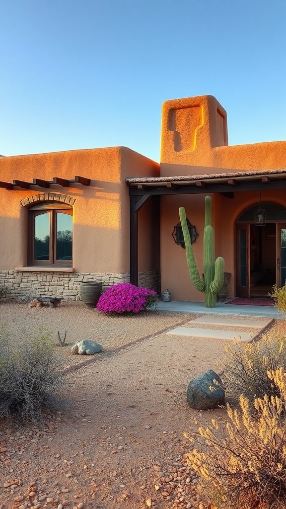 Adobe stone house with a cactus and purple flowers in a southwestern landscape.