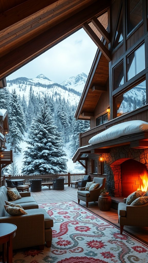 Cozy alpine lodge with rustic decor, featuring a fireplace and views of snow-covered mountains.