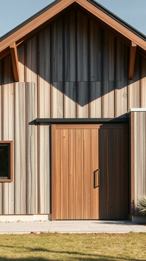 A modern barn house featuring weathered wooden textures and a sleek door, set against a clear blue sky.