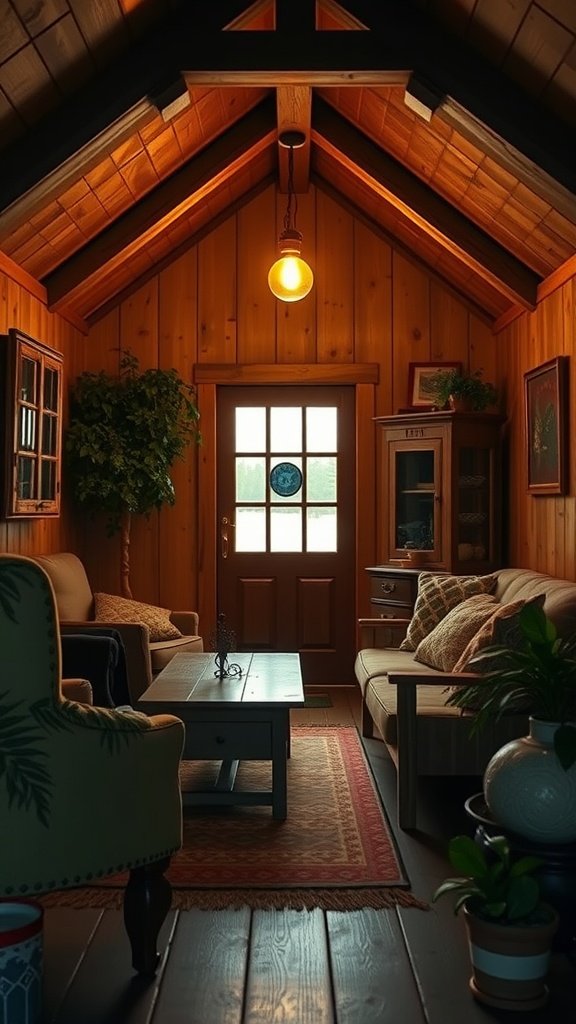 Interior of a cozy cottage with warm lighting and wooden walls