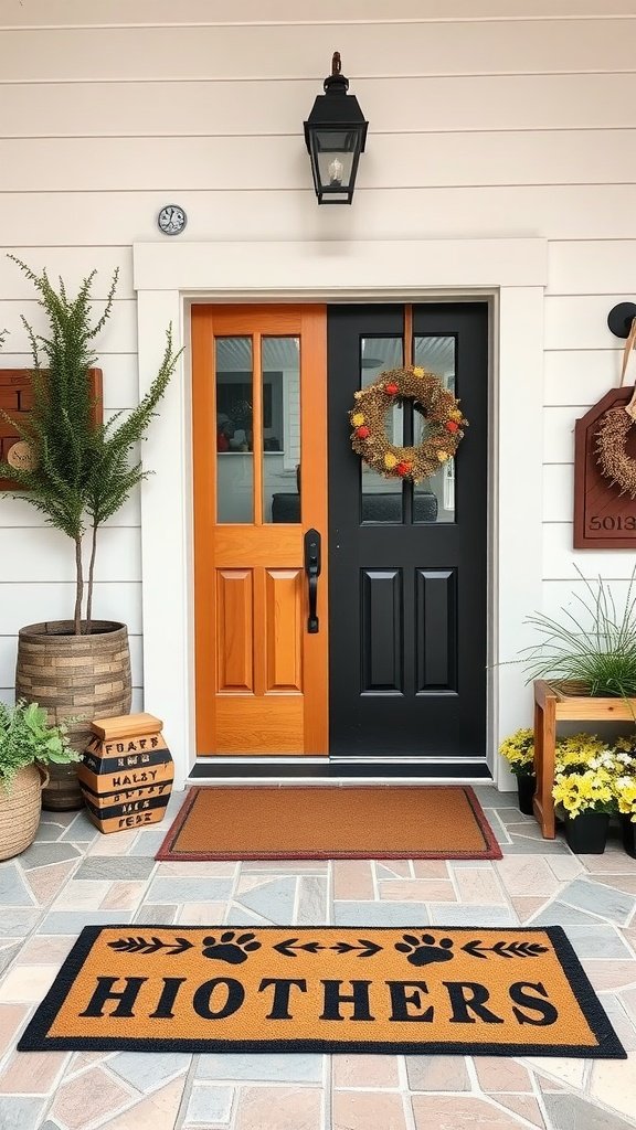 A welcoming front porch with a doormat that says 'HIOTHERS', accompanied by decorative elements like a wreath and plants.