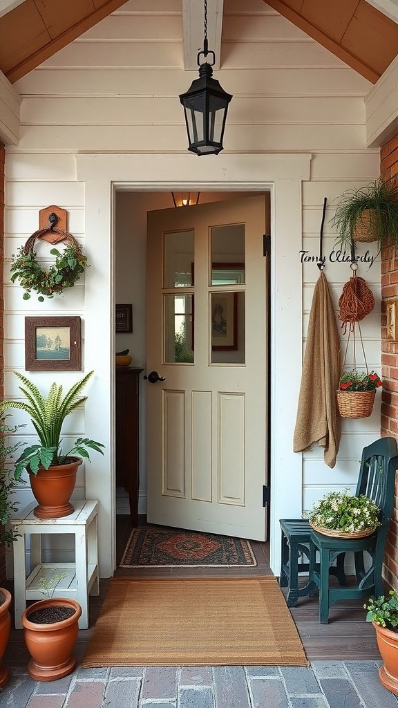 A cozy entryway featuring a light-colored door, vintage decor, potted plants, and warm lighting.