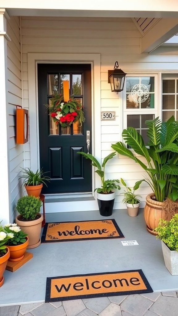 A charming cottage entryway featuring a dark front door with a wreath, welcome mats, and potted plants.