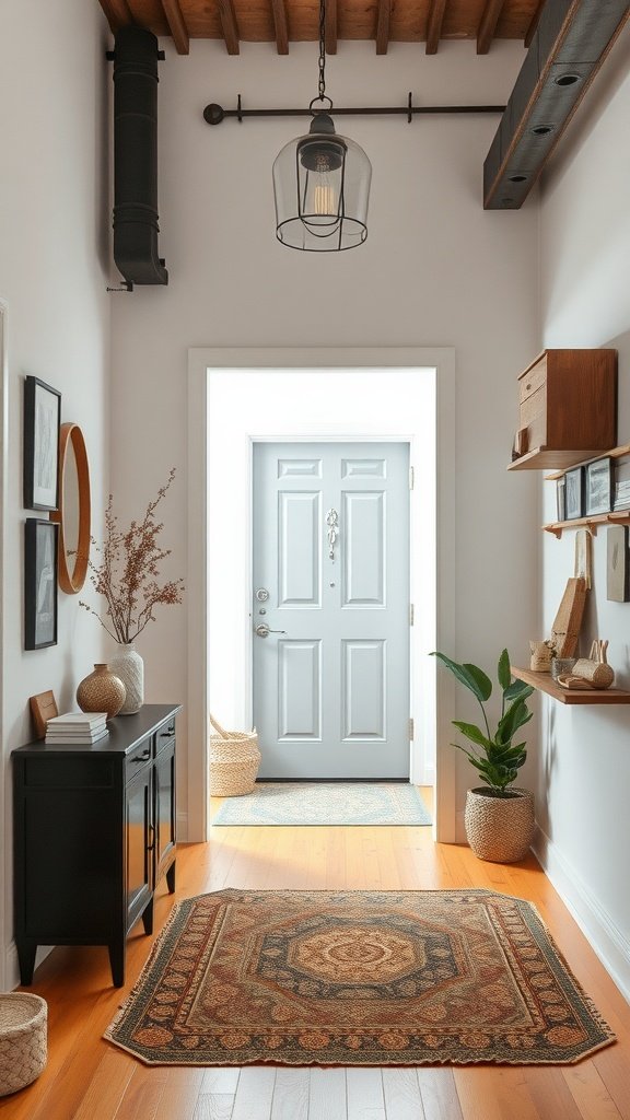 A stylish entryway featuring a blue front door, wooden ceiling beams, and a decorative rug.