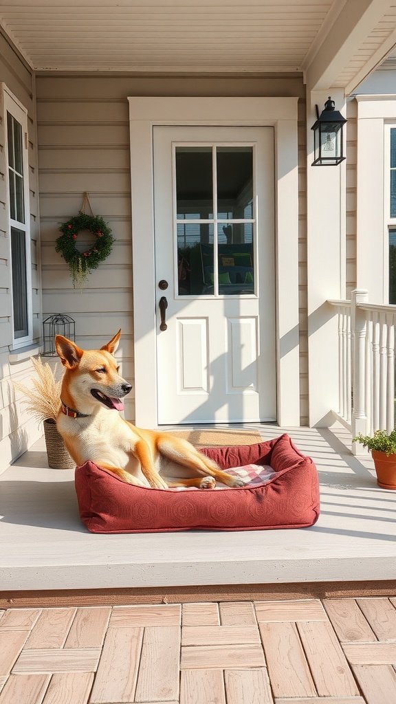 A dog lounging in a red pet bed on a farmhouse front porch, with a wreath and potted plant in the background.