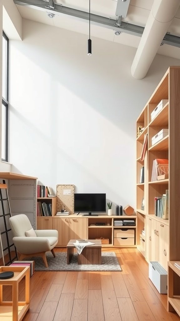 A modern loft living room with wooden shelves, a cozy armchair, and a stylish coffee table.