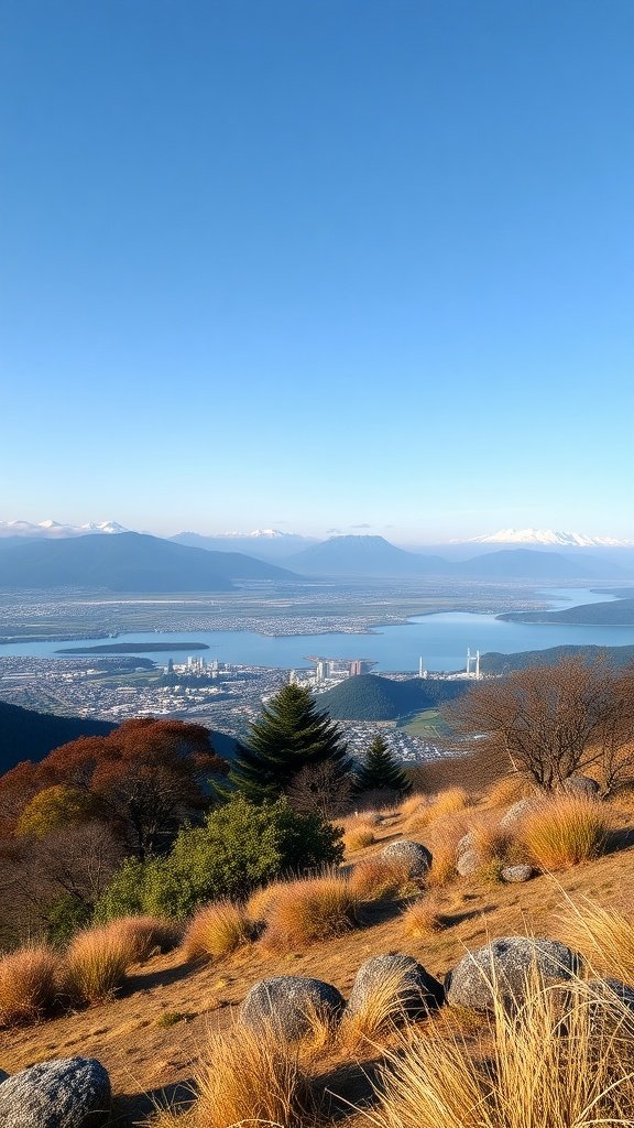 View from a hilltop retreat overlooking the city of Wellington, with a clear blue sky, mountains, and lush valley scenery.