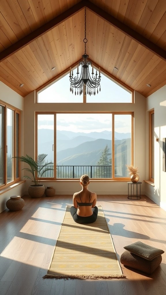 A serene wellness room for yoga and meditation with floor-to-ceiling windows overlooking mountains.