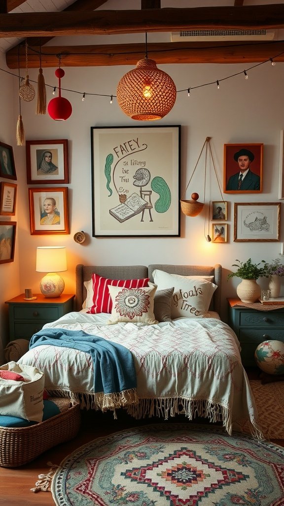 A bohemian style bedroom featuring whimsical art pieces, warm lighting, and cozy decor