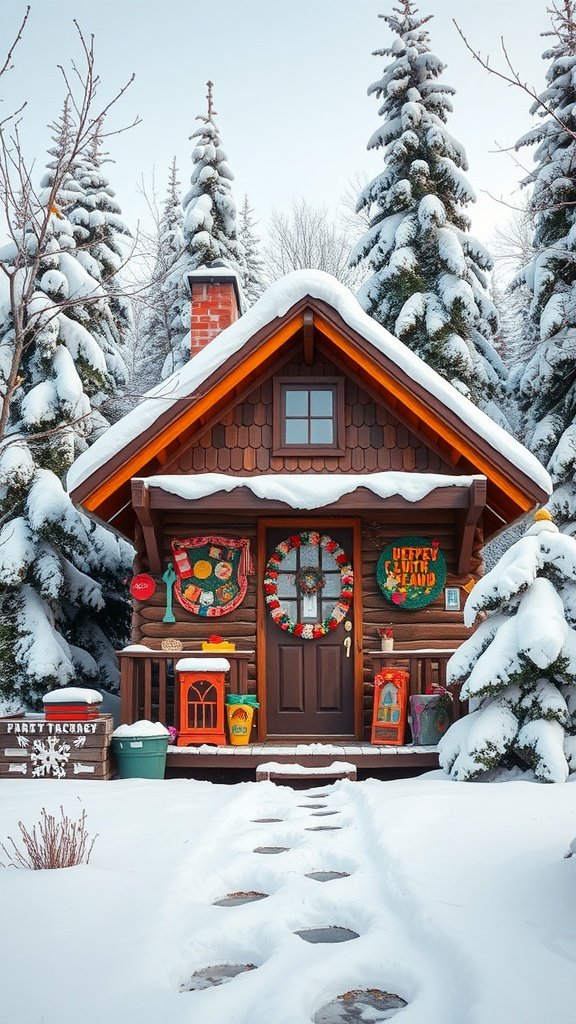 A whimsical winter cabin with colorful decorations surrounded by snow-covered trees