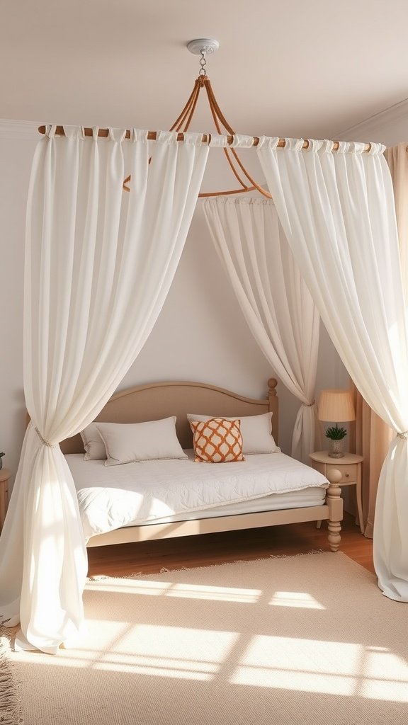 A cozy canopy bed with white curtains and an orange pillow in a bright, minimalist bedroom.