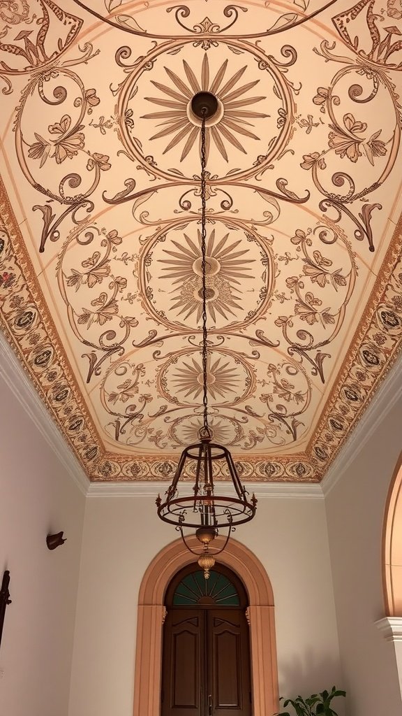 Whimsical ceiling design with intricate patterns and a chandelier