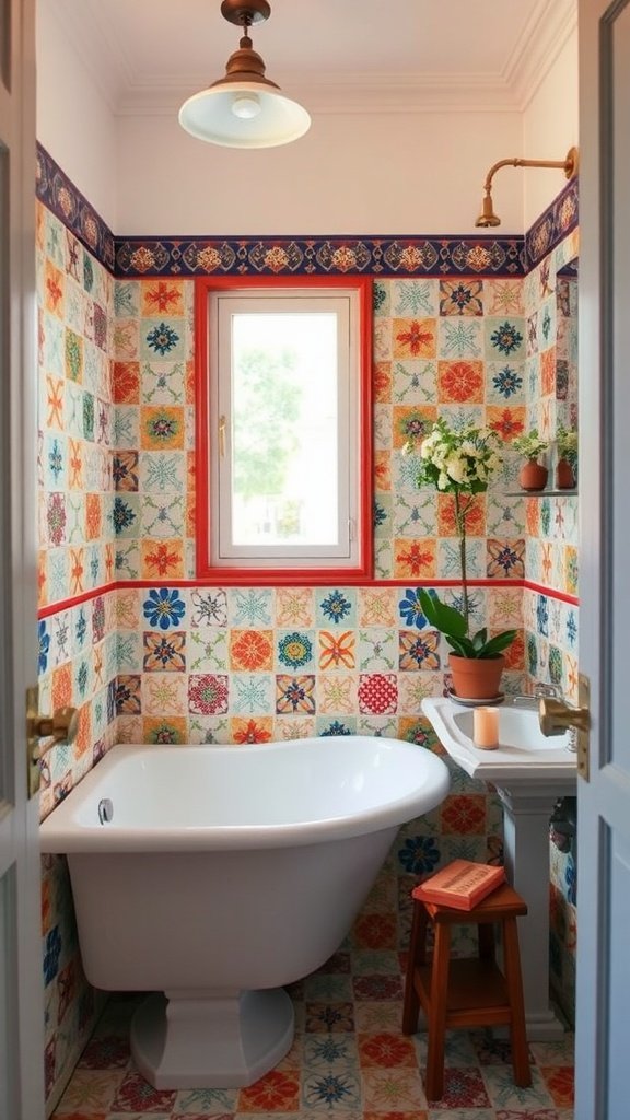 A colorful bathroom with decorative tiles, a freestanding bathtub, and natural light.