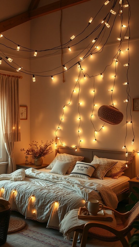 A cozy bedroom with whimsical fairy lights installed on the walls, creating a warm and inviting atmosphere.