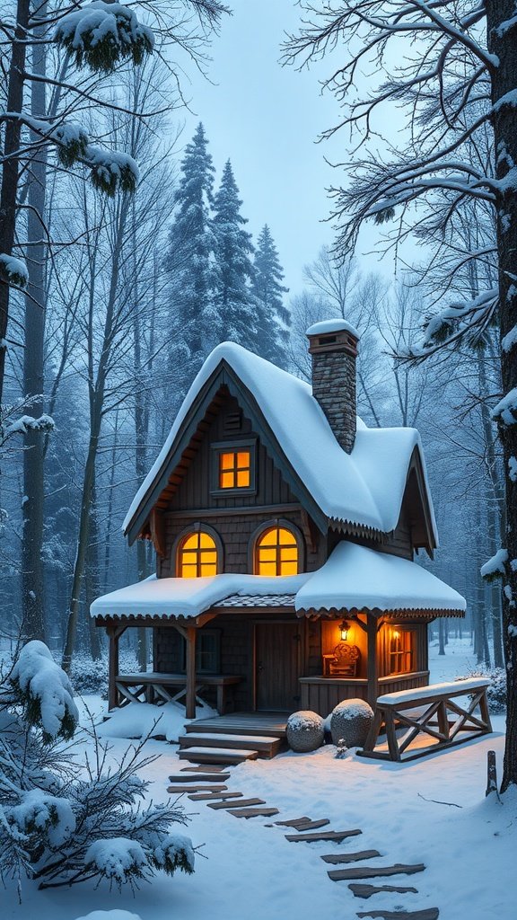 A whimsical cabin in the snowy forest, illuminated by warm lights from the windows.