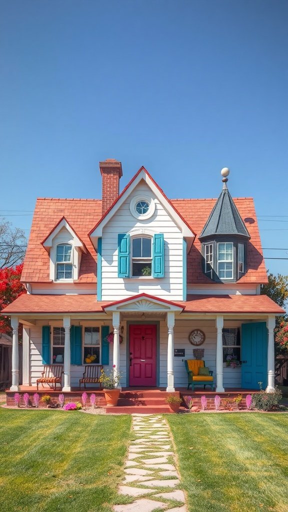 A whimsical farmhouse featuring colorful accents such as blue shutters and a pink door, surrounded by a well-manicured lawn and blooming flowers.