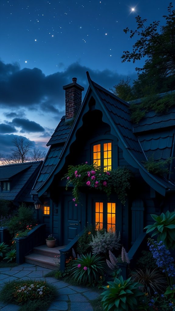 A cozy dark cottage with whimsical gables, surrounded by lush flowers and glowing warmly under a twilight sky.