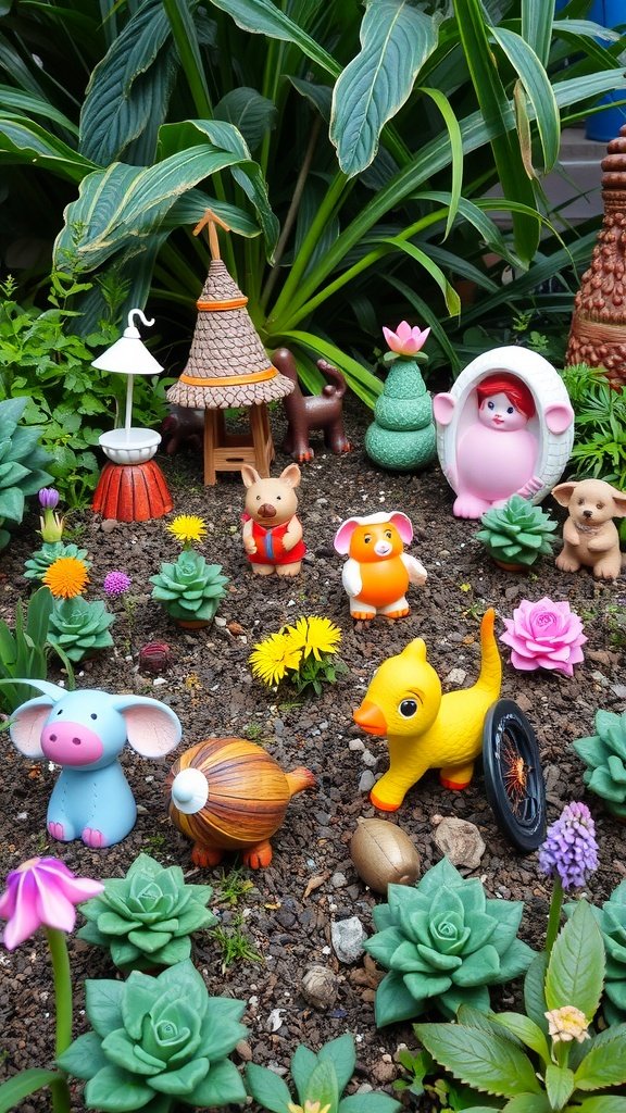 A colorful garden scene featuring playful animal sculptures among succulents and flowers.