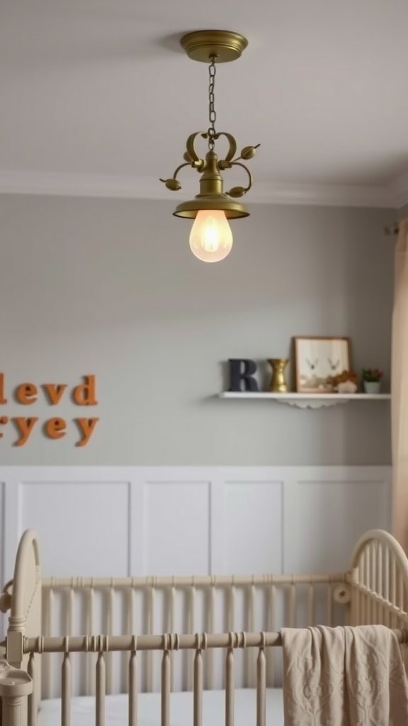 A whimsical light fixture hanging above a crib in a farmhouse-style nursery.