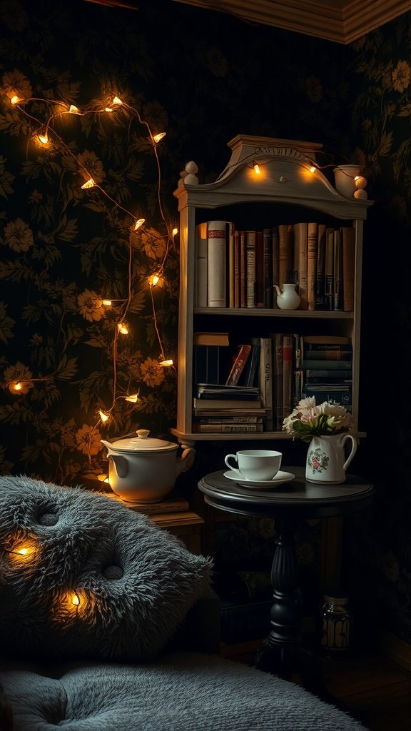 Cozy night nook with a bookshelf, tea set, and soft lighting