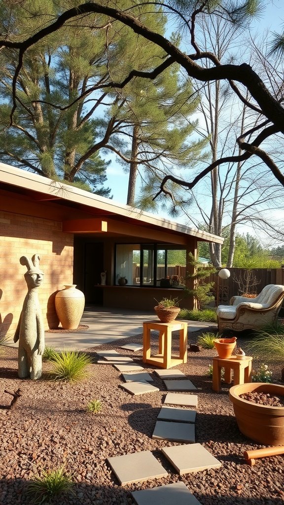 A mid-century modern cabin with whimsical outdoor features, including a stone path, unique statue, and potted plants.
