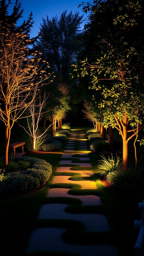 A beautifully illuminated pathway lined with trees and greenery at night.