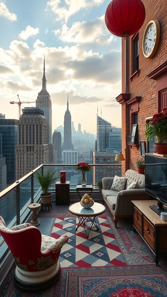 Whimsical penthouse balcony with red armchair, skyline views, and unique decor