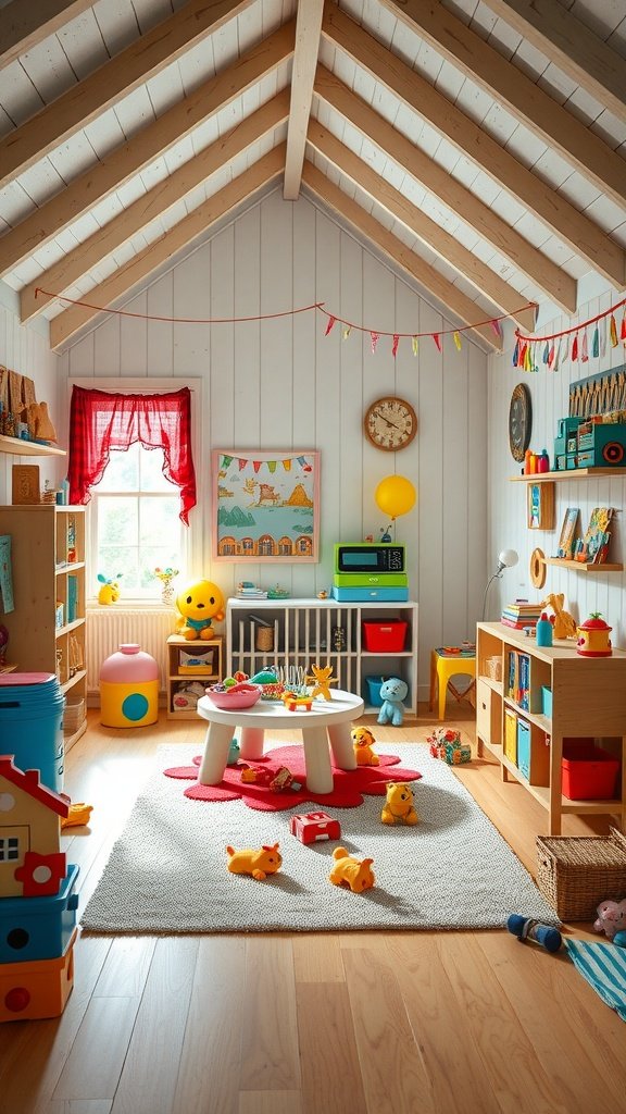 A colorful and inviting playroom for kids with toys, books, and a cozy atmosphere.