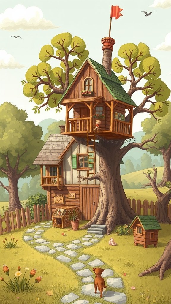 A charming treehouse farmhouse surrounded by greenery, featuring a stone path, a small dog, and a playful design.