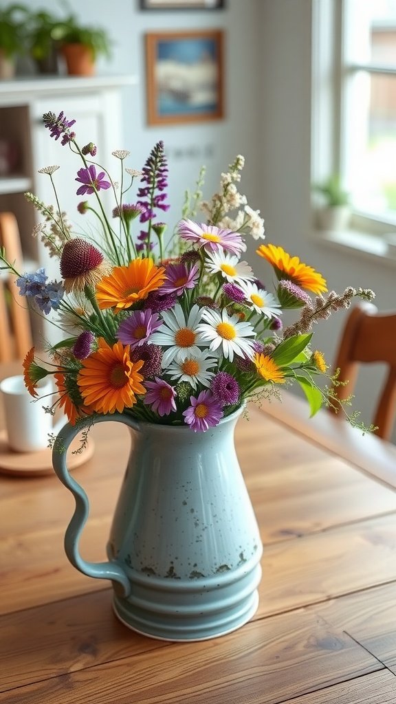 A whimsical bouquet of wildflowers in a blue vintage pitcher on a wooden table.