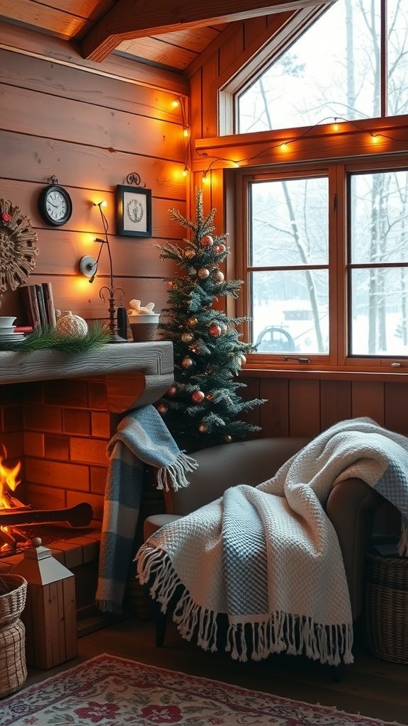A cozy cabin interior with a fireplace, a small Christmas tree, and warm lighting