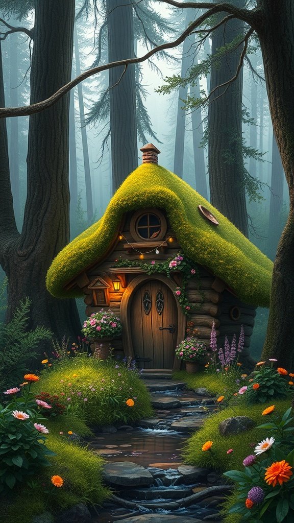A whimsical cottage in a forest with a mossy roof and flower-filled garden.