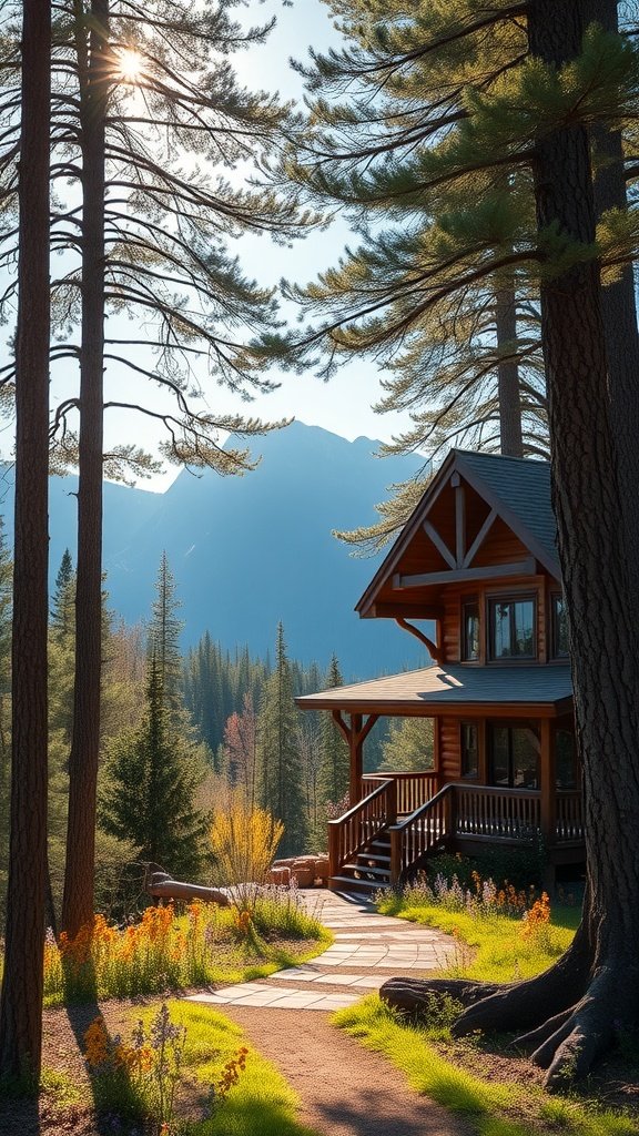 A rustic mountain house surrounded by tall trees and colorful flowers, with a stunning mountain view in the background.