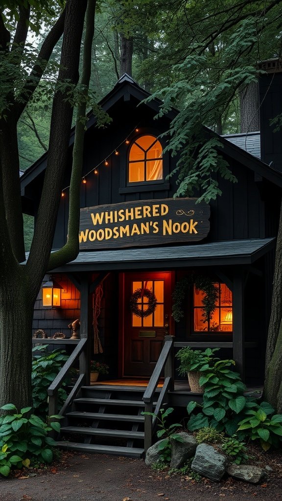 A dark cottage named Whiskered Woodsman's Nook surrounded by trees, featuring warm lights and a welcoming front porch.