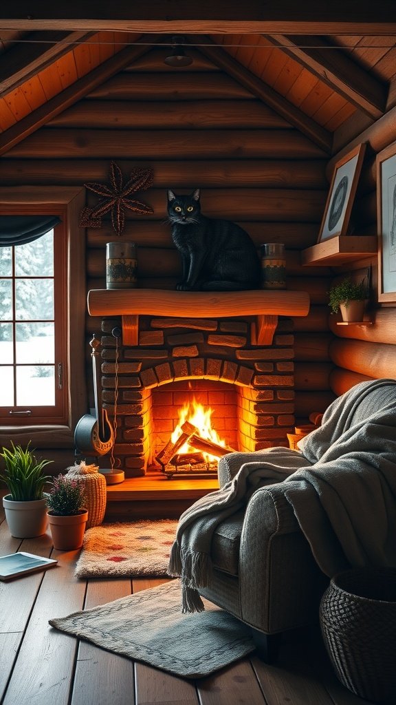 A cozy corner in a winter cabin featuring a fireplace, an armchair, plants, and a black cat on the mantle