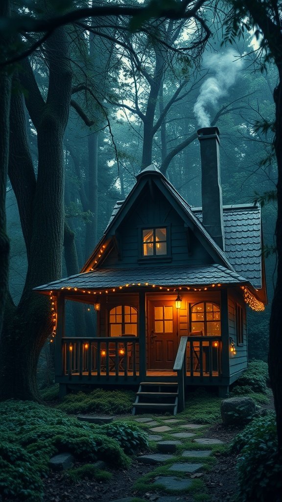 A cozy dark cottage nestled in a forest, with glowing windows and string lights, surrounded by trees and moss.
